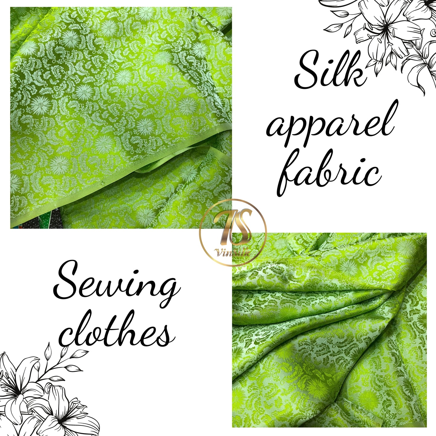 Green silk fabric with mulberry chrysanthemum pattern, Pure mulberry silk, Handmade fabric, Organic fiber, Vintage textile