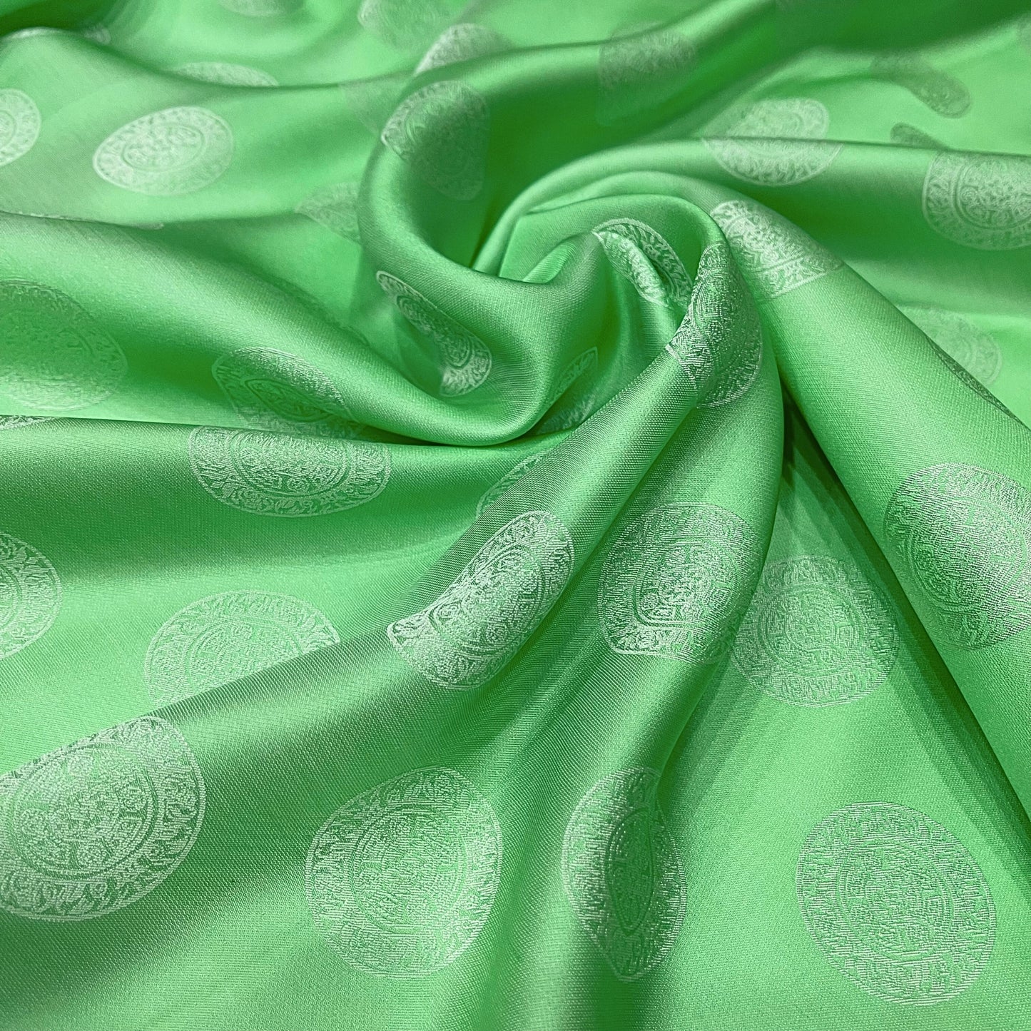 Light green silk fabric with mulberry Emerald pattern, Pure mulberry silk, Handmade fabric, Organic fiber, Vintage textile