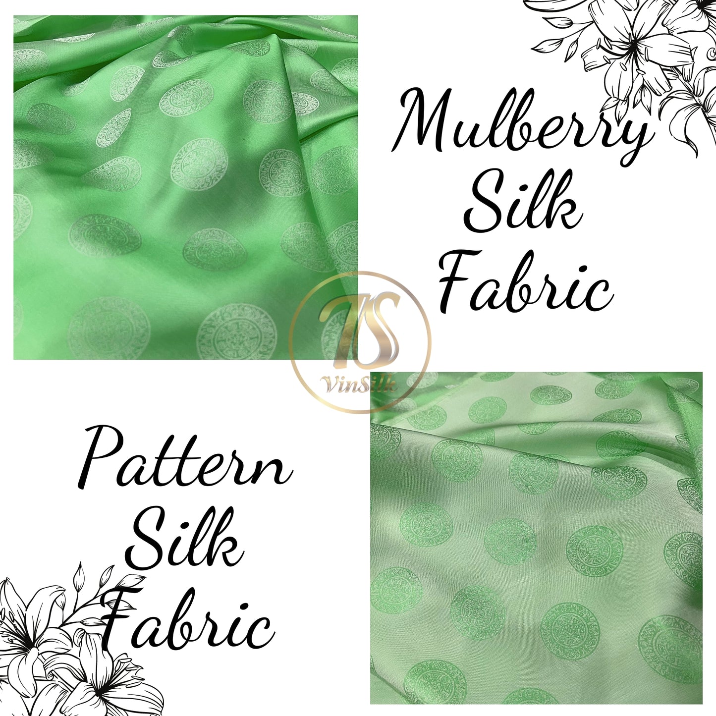 Light green silk fabric with mulberry Emerald pattern, Pure mulberry silk, Handmade fabric, Organic fiber, Vintage textile