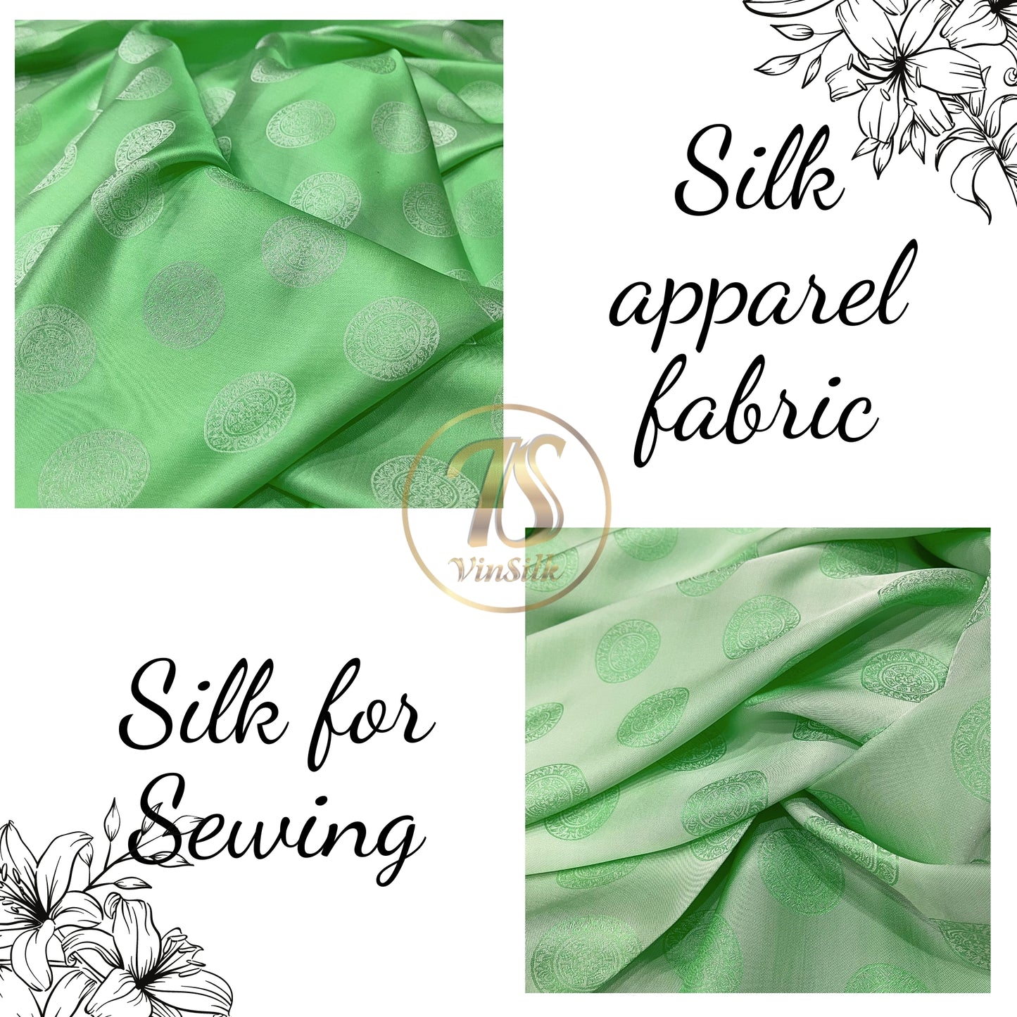 Light green silk fabric with mulberry Emerald pattern, Pure mulberry silk, Handmade fabric, Organic fiber, Vintage textile