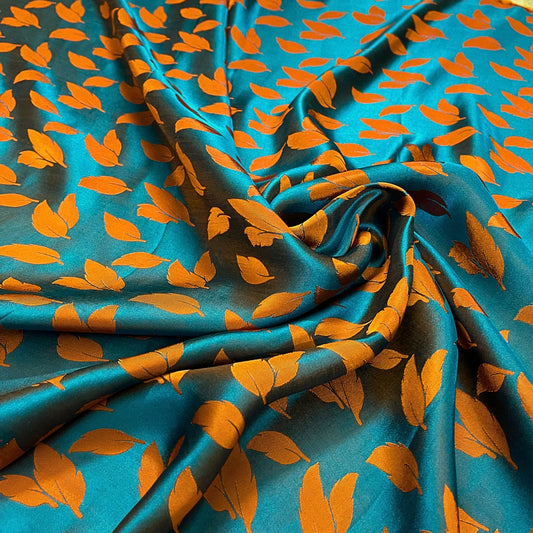 Blue silk fabric with mulberry orange leaves pattern, Pure mulberry silk, Handmade fabric, Organic fiber, Vintage textile