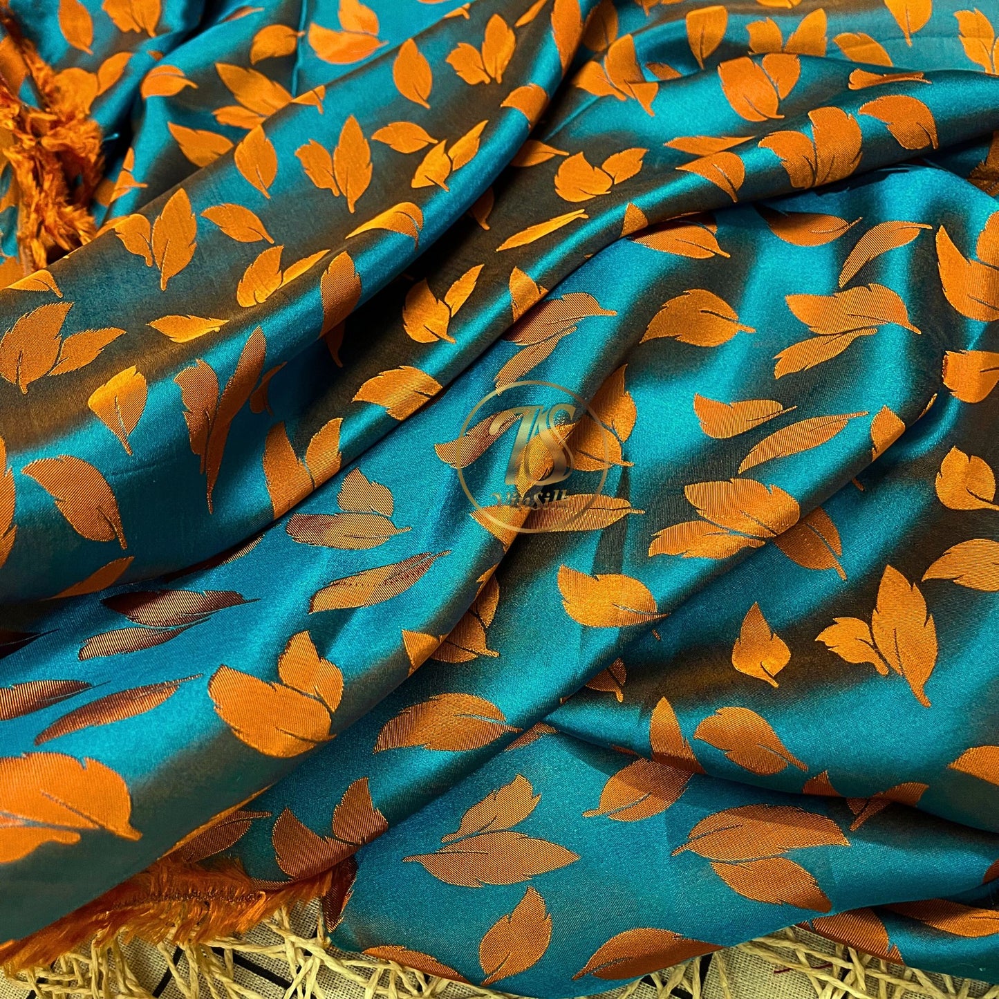 Blue silk fabric with mulberry orange leaves pattern, Pure mulberry silk, Handmade fabric, Organic fiber, Vintage textile