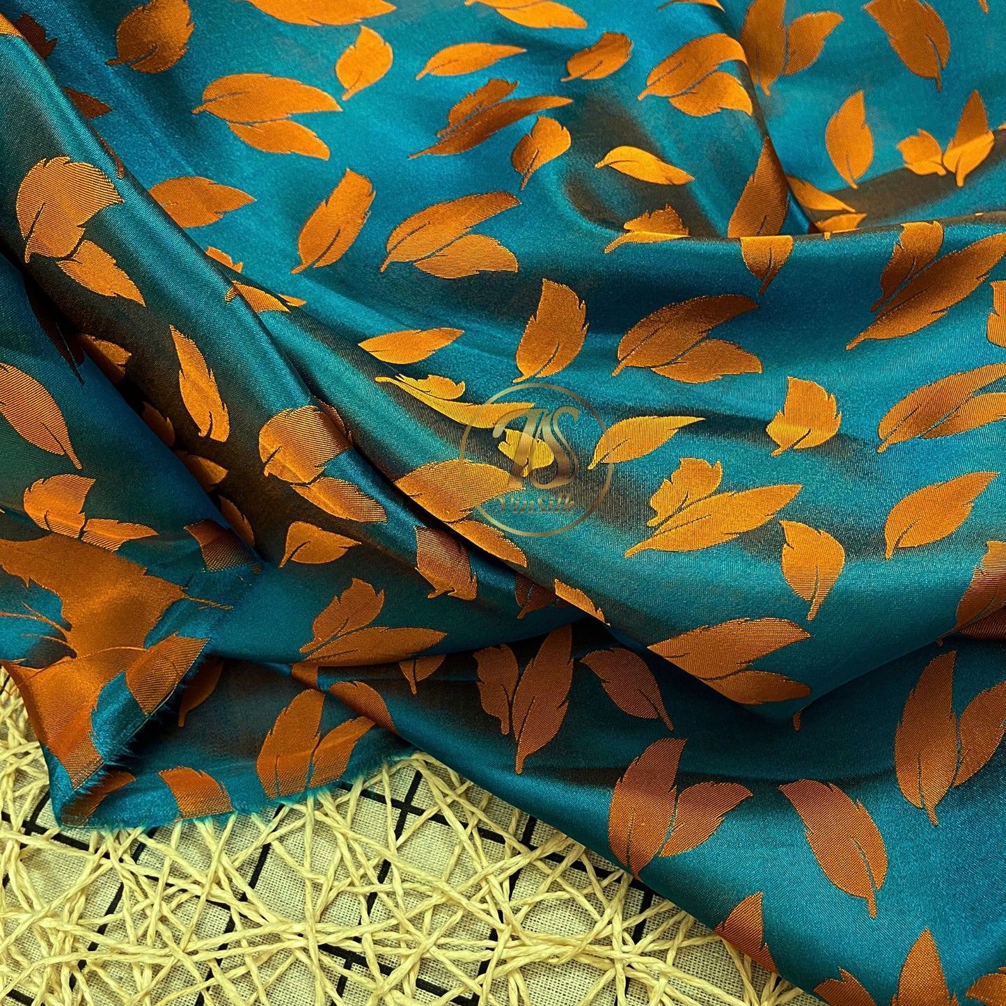 Blue silk fabric with mulberry orange leaves pattern, Pure mulberry silk, Handmade fabric, Organic fiber, Vintage textile
