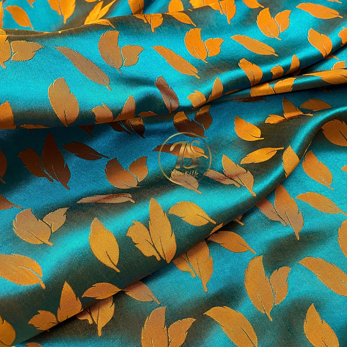Blue silk fabric with mulberry orange leaves pattern, Pure mulberry silk, Handmade fabric, Organic fiber, Vintage textile