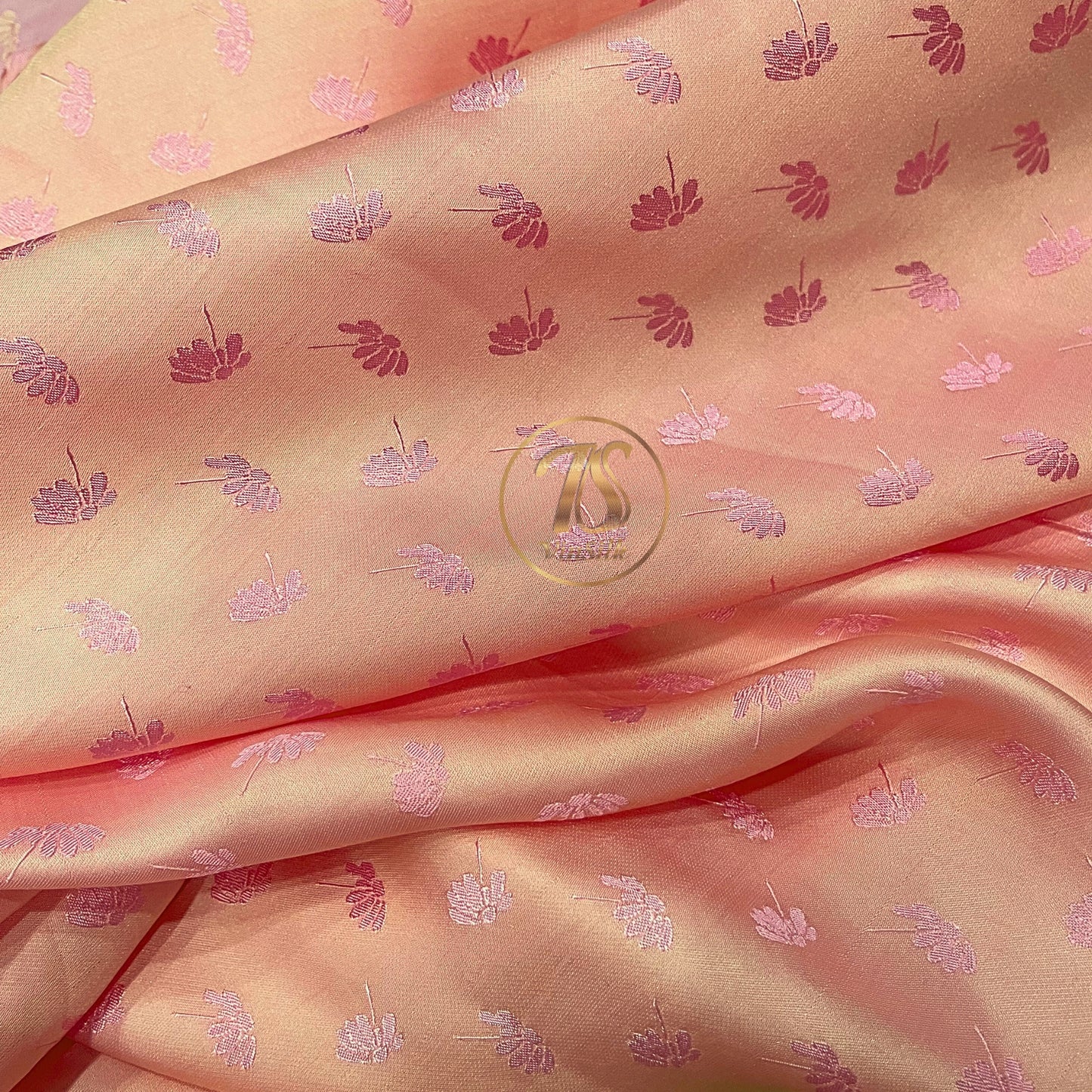Orange Pink fabric with mulberry dandelion pattern, Pure mulberry silk, Handmade fabric, Organic fiber