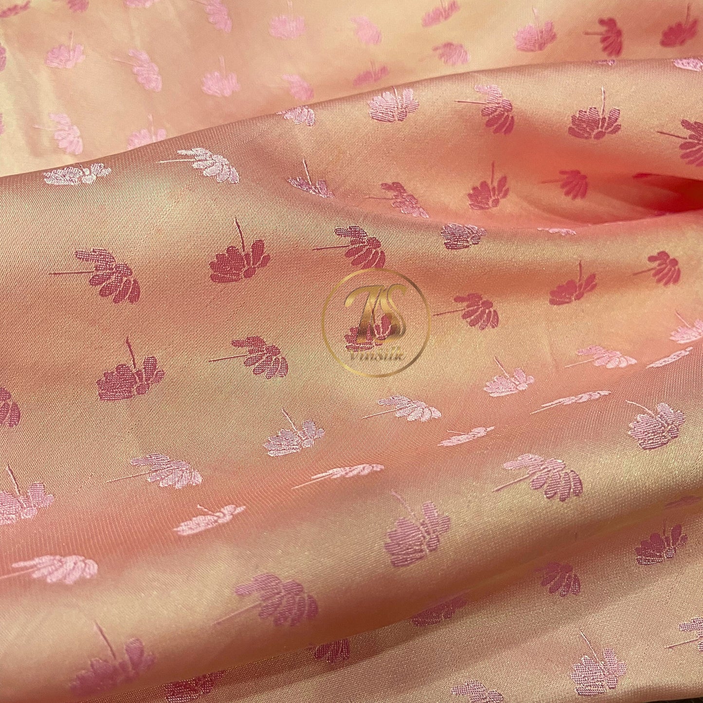 Orange Pink fabric with mulberry dandelion pattern, Pure mulberry silk, Handmade fabric, Organic fiber