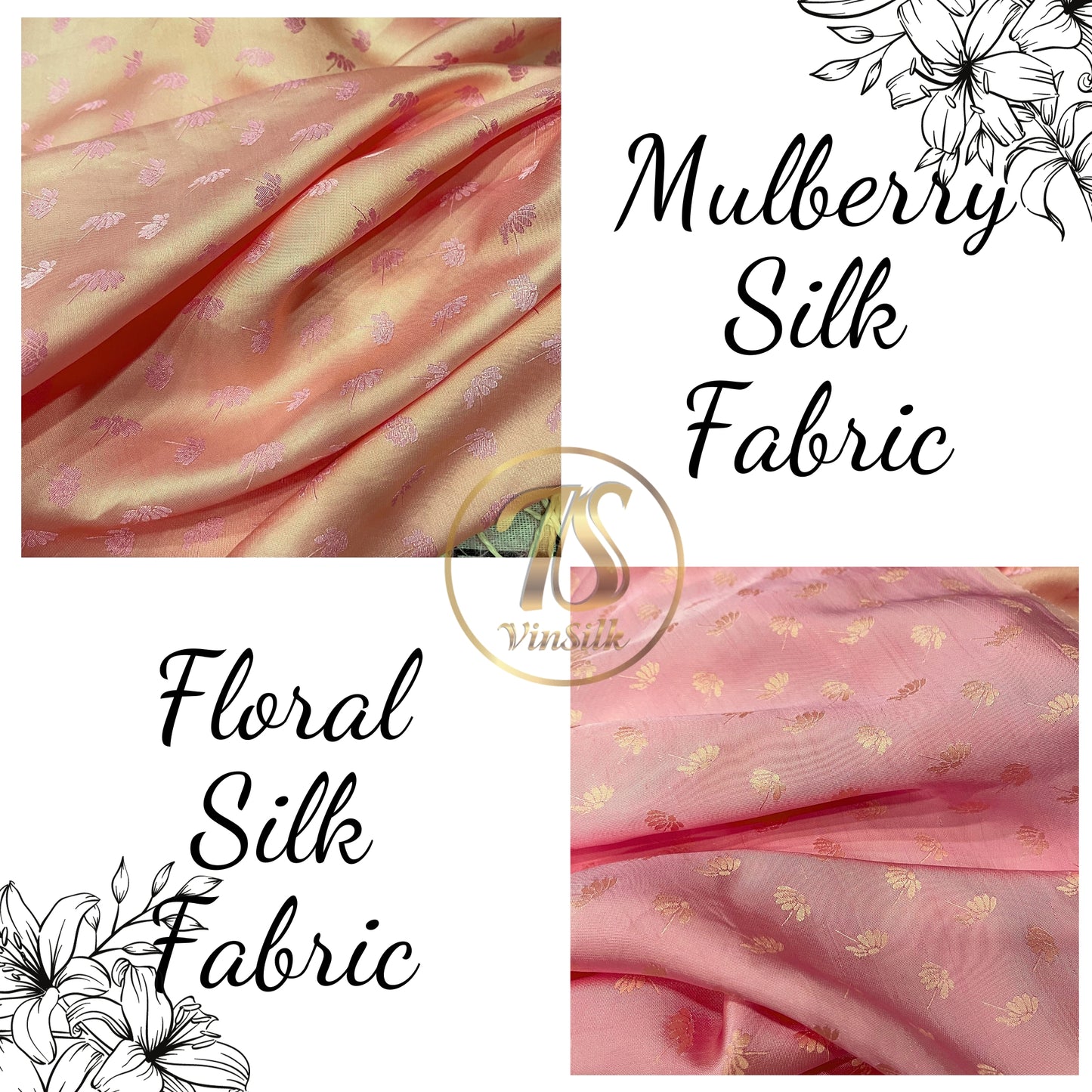 Orange Pink fabric with mulberry dandelion pattern, Pure mulberry silk, Handmade fabric, Organic fiber