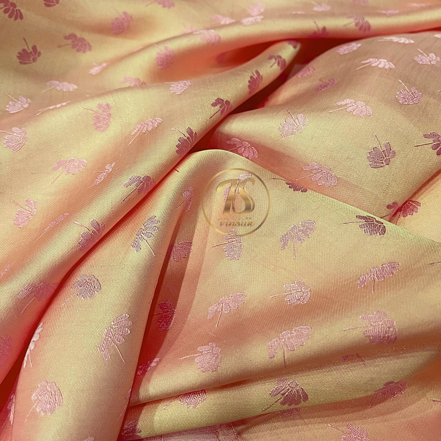 Orange Pink fabric with mulberry dandelion pattern, Pure mulberry silk, Handmade fabric, Organic fiber