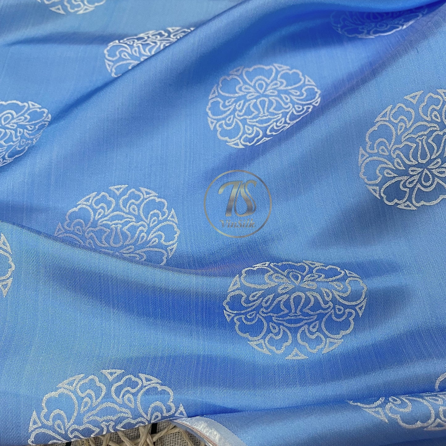 PURE MULBERRY SILK fabric by the yard, blue and white stone lotus silk, Vintage textile, handmade fabric,, Gift for women, Personalized gift.