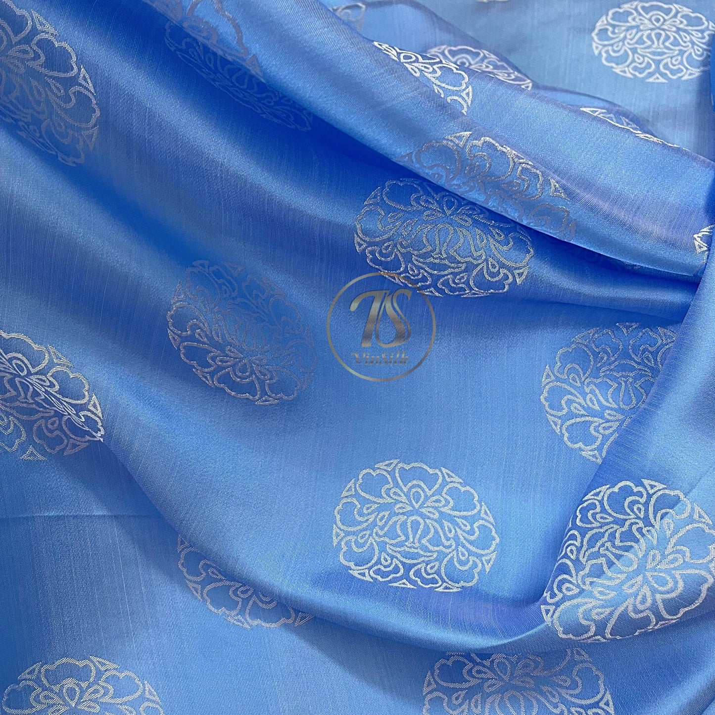 PURE MULBERRY SILK fabric by the yard, blue and white stone lotus silk, Vintage textile, handmade fabric,, Gift for women, Personalized gift.