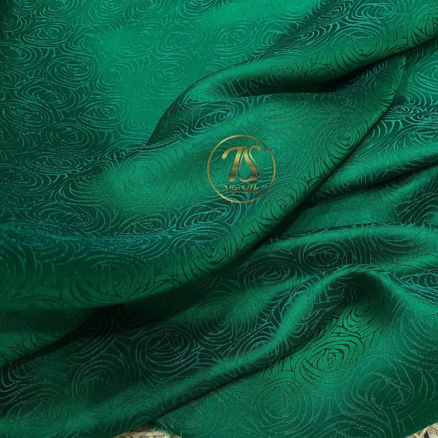 Green fabric with mulberry cabbage pattern, Pure mulberry silk, Handmade fabric, Organic fiber