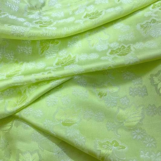 Light green silk fabric with mulberry leaf pattern, Pure mulberry silk, Handmade fabric, Organic fiber, Vintage textile