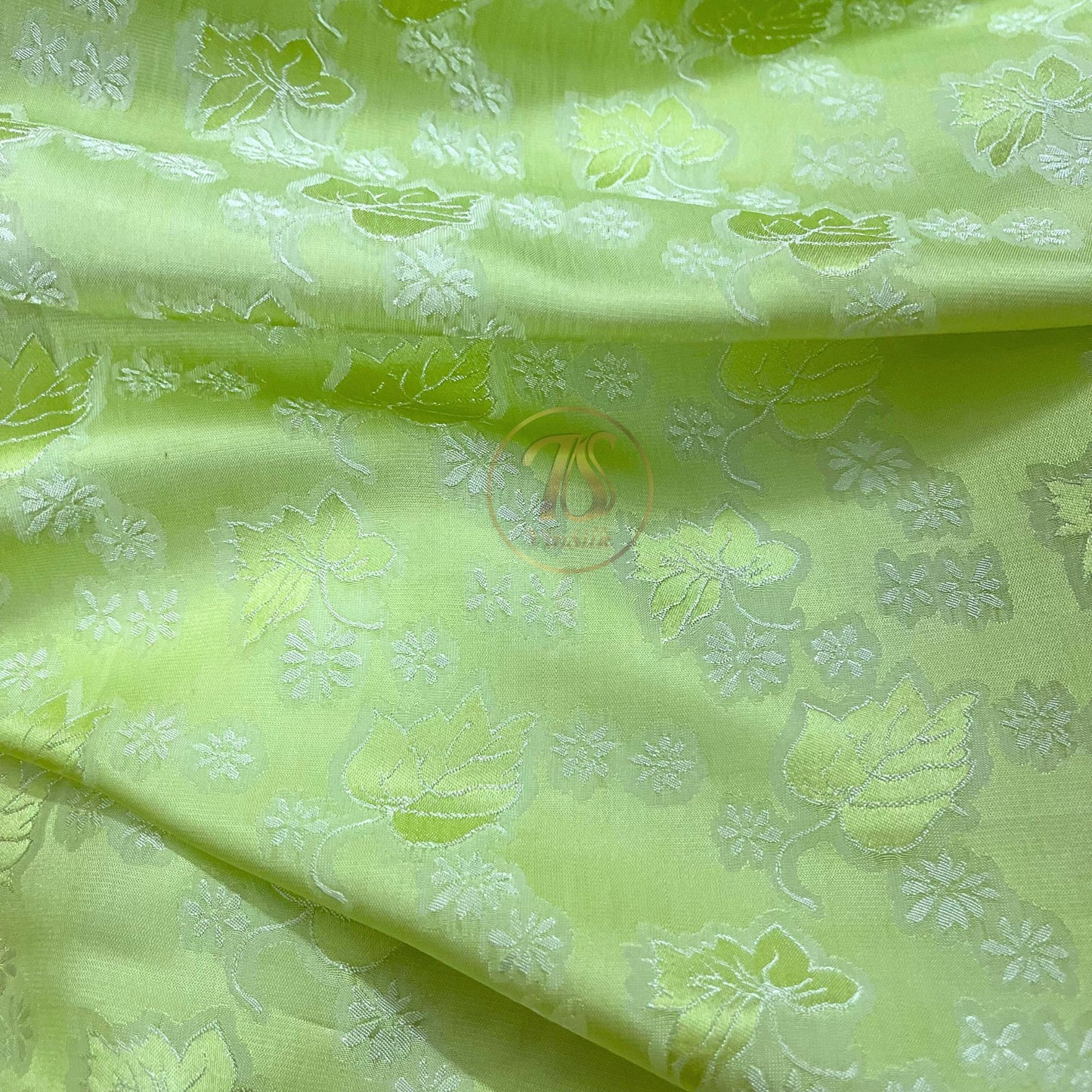 Light green silk fabric with mulberry leaf pattern, Pure mulberry silk, Handmade fabric, Organic fiber, Vintage textile