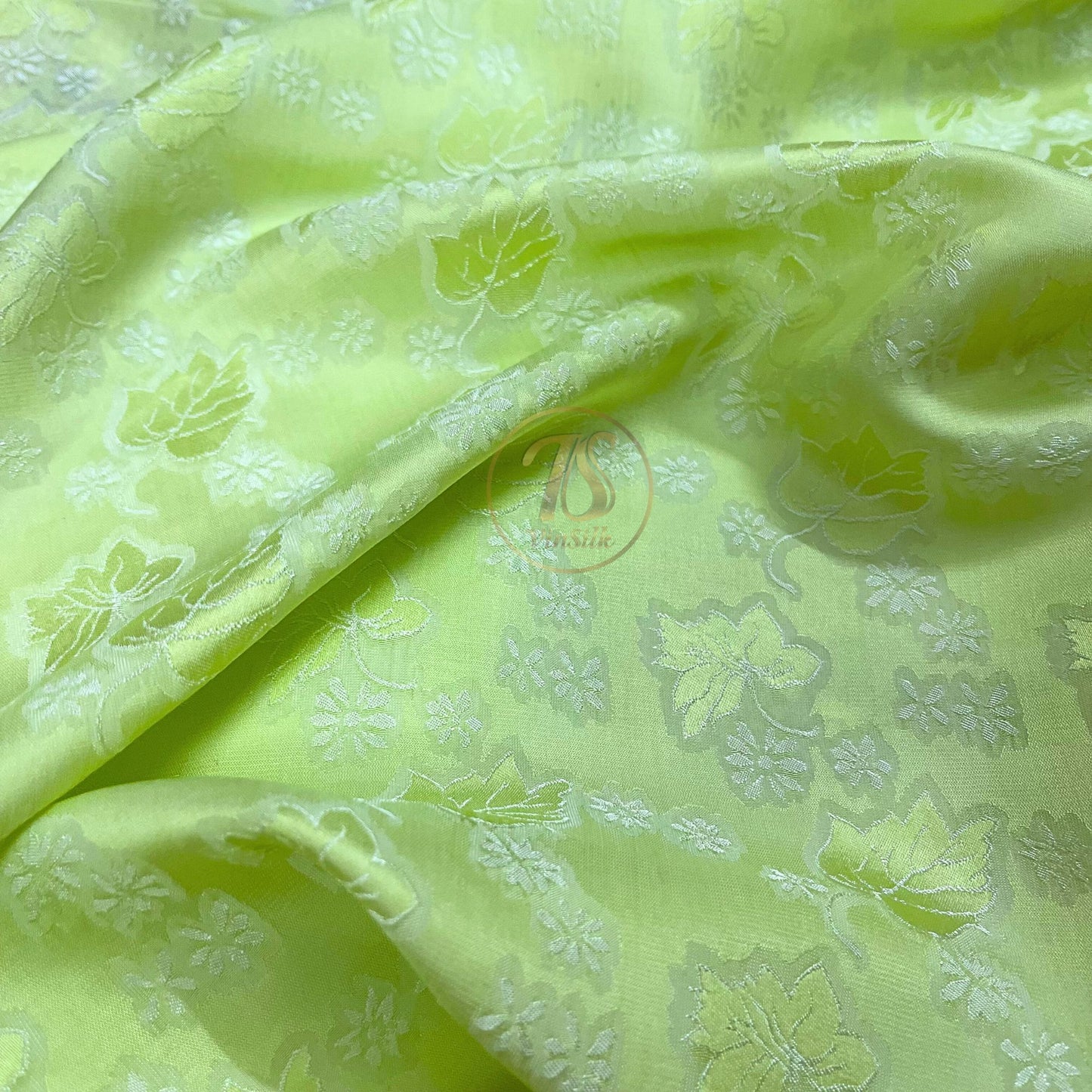 Light green silk fabric with mulberry leaf pattern, Pure mulberry silk, Handmade fabric, Organic fiber, Vintage textile
