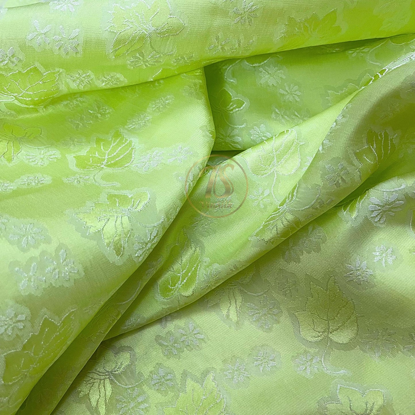 Light green silk fabric with mulberry leaf pattern, Pure mulberry silk, Handmade fabric, Organic fiber, Vintage textile