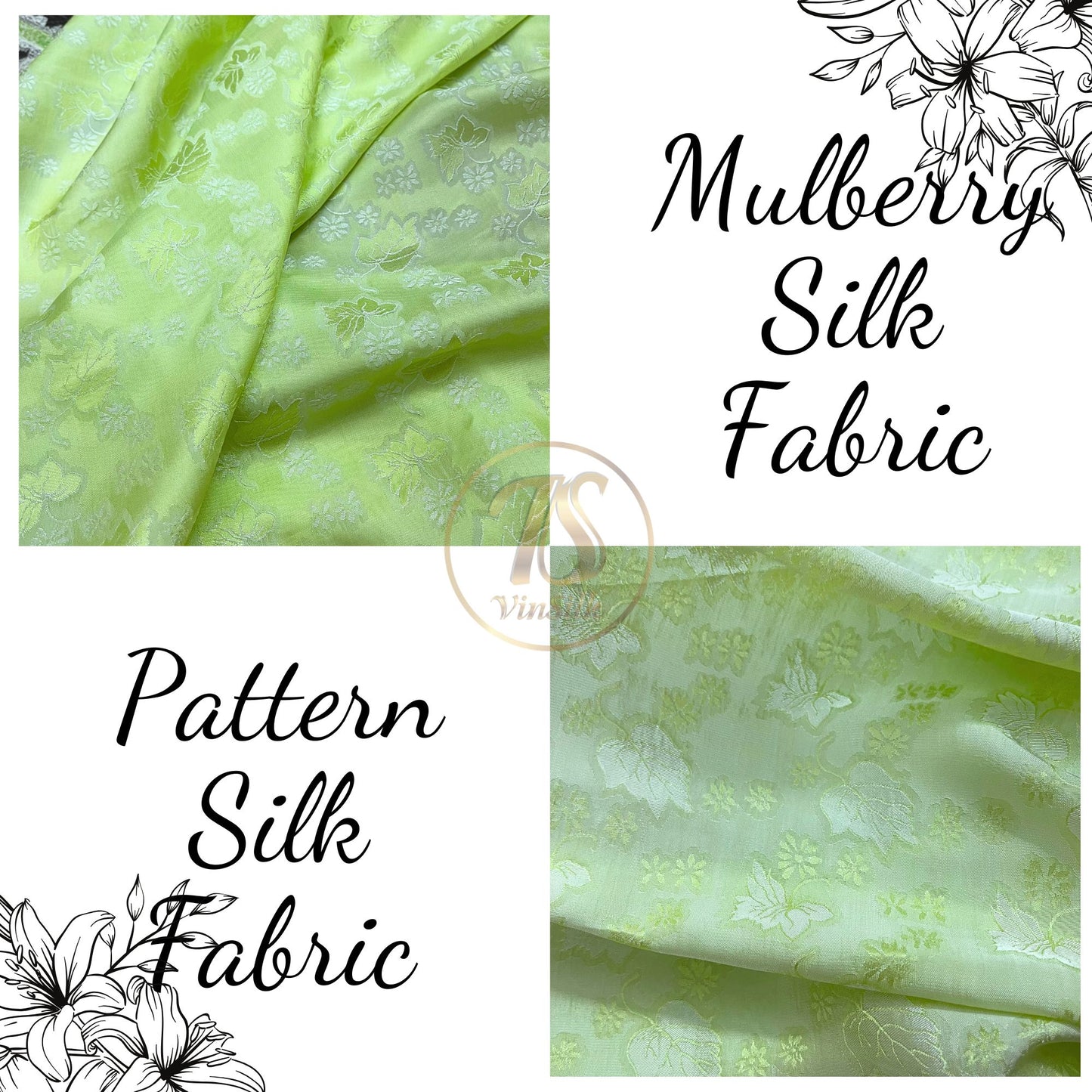 Light green silk fabric with mulberry leaf pattern, Pure mulberry silk, Handmade fabric, Organic fiber, Vintage textile