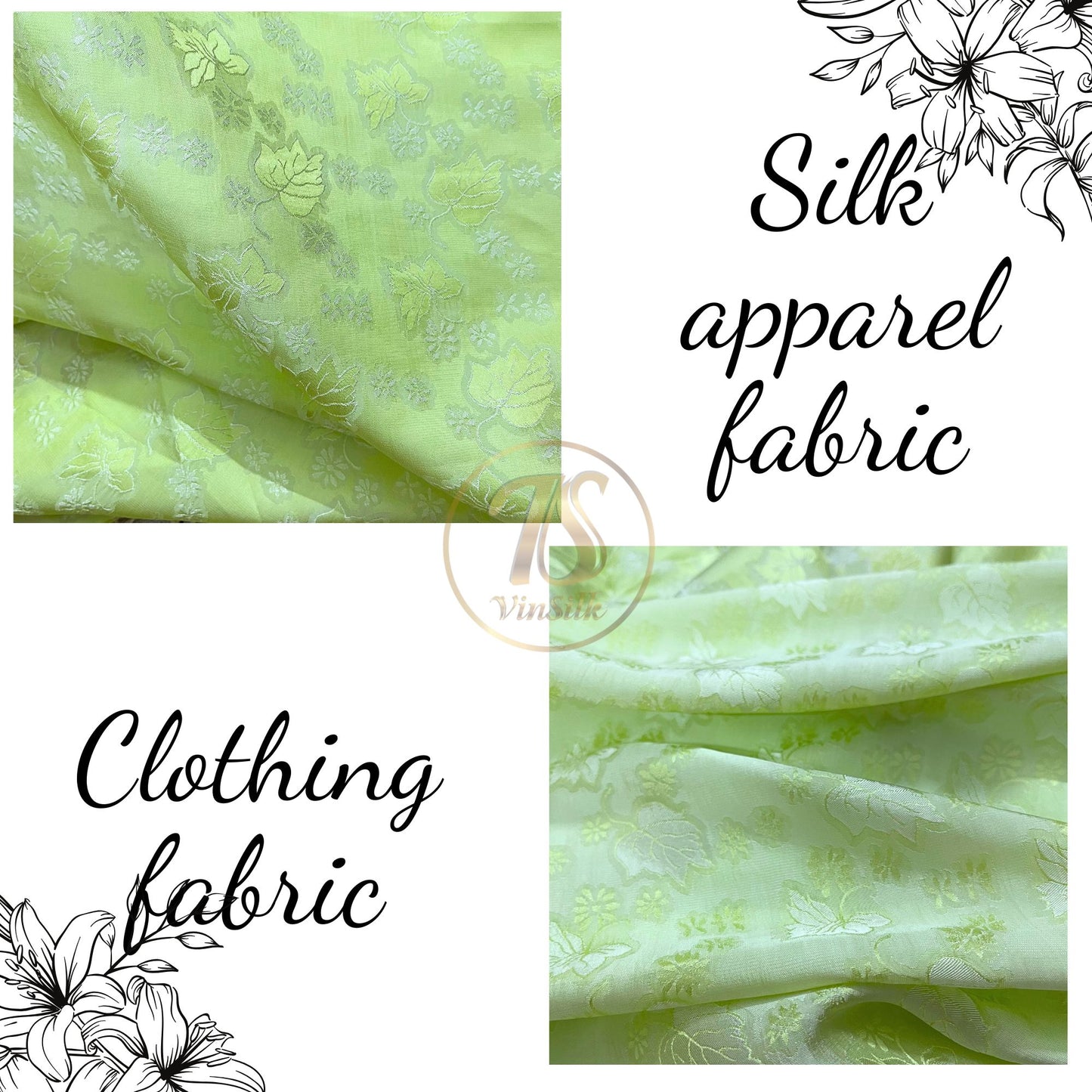 Light green silk fabric with mulberry leaf pattern, Pure mulberry silk, Handmade fabric, Organic fiber, Vintage textile