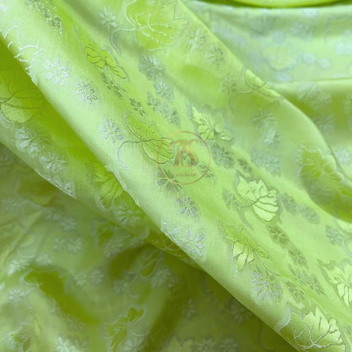 Light green silk fabric with mulberry leaf pattern, Pure mulberry silk, Handmade fabric, Organic fiber, Vintage textile
