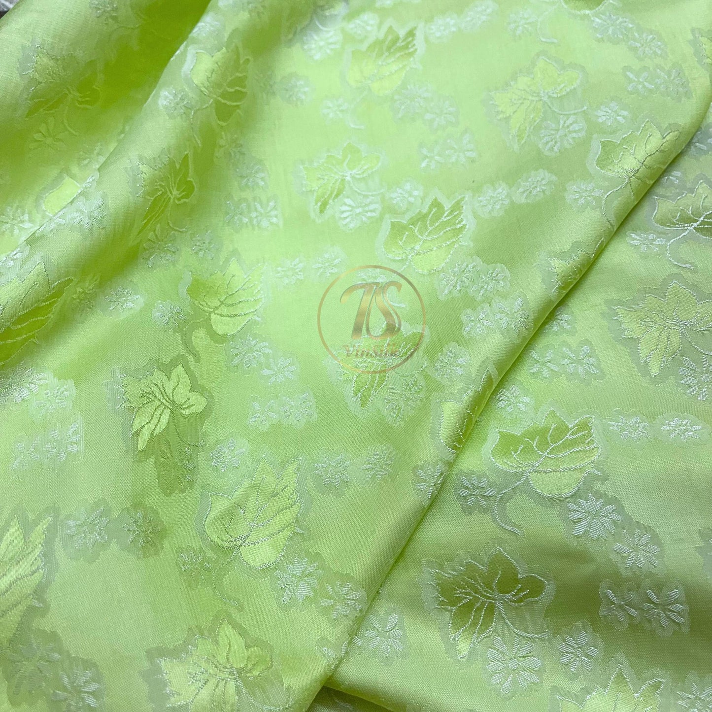 Light green silk fabric with mulberry leaf pattern, Pure mulberry silk, Handmade fabric, Organic fiber, Vintage textile