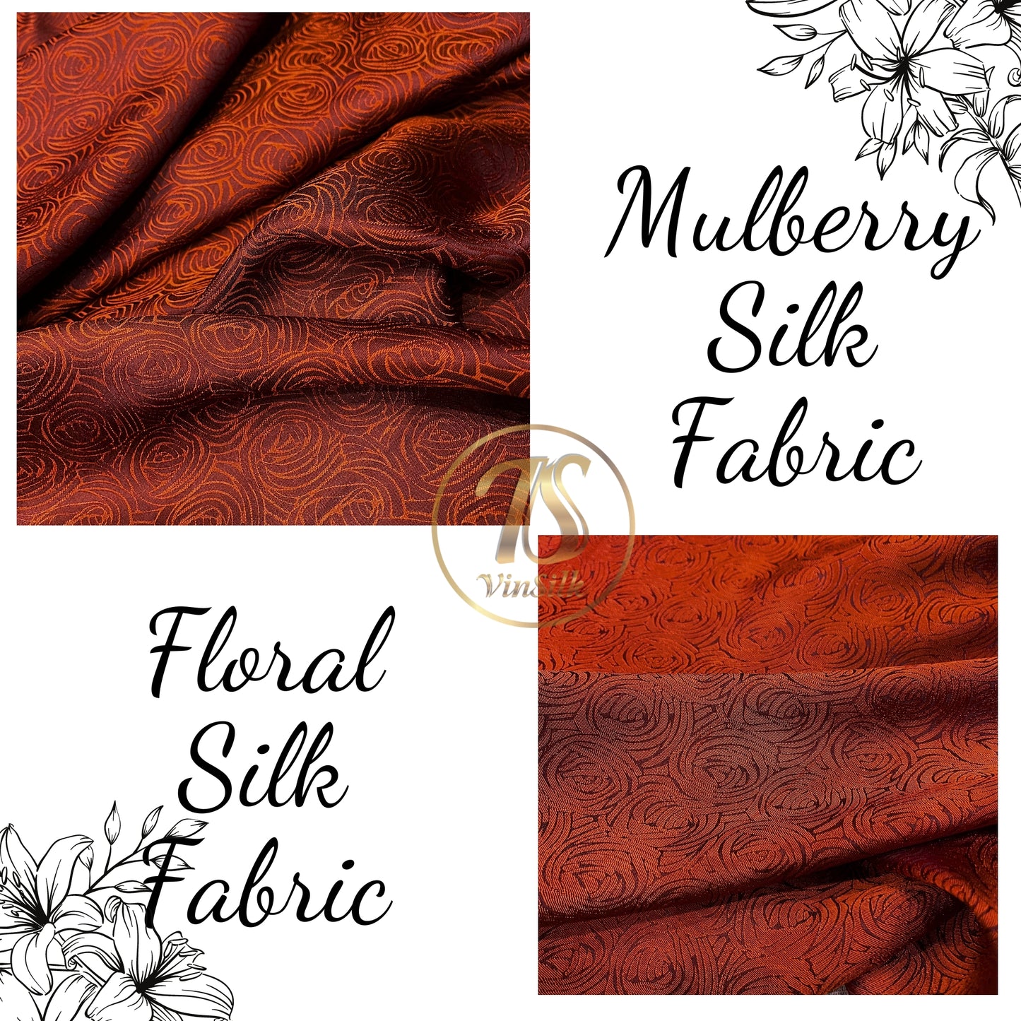 Brown silk fabric with mulberry cabbage pattern, Pure mulberry silk, Handmade fabric, Organic fiber