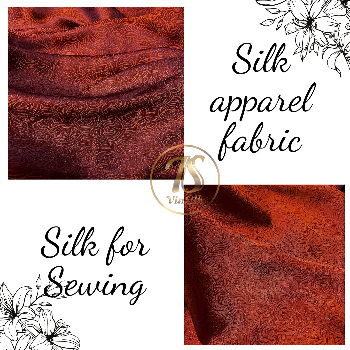Brown silk fabric with mulberry cabbage pattern, Pure mulberry silk, Handmade fabric, Organic fiber