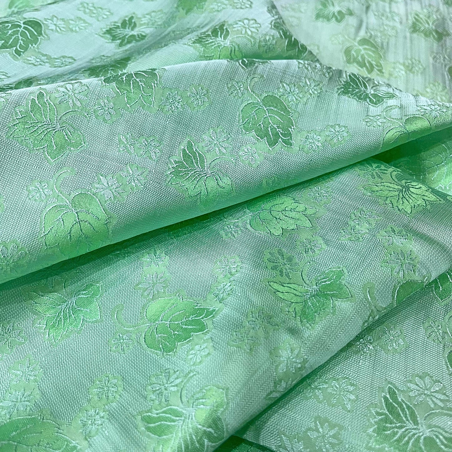 A turquoise silk fabric with mulberry leaf pattern, Pure mulberry silk, Handmade fabric, Organic fiber, Vintage textile