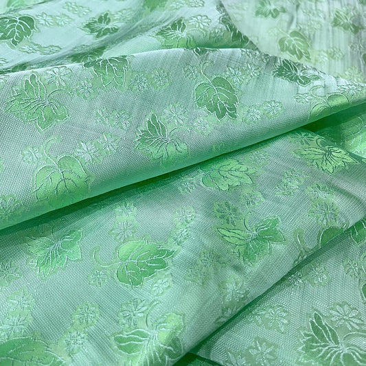 A turquoise silk fabric with mulberry leaf pattern, Pure mulberry silk, Handmade fabric, Organic fiber, Vintage textile
