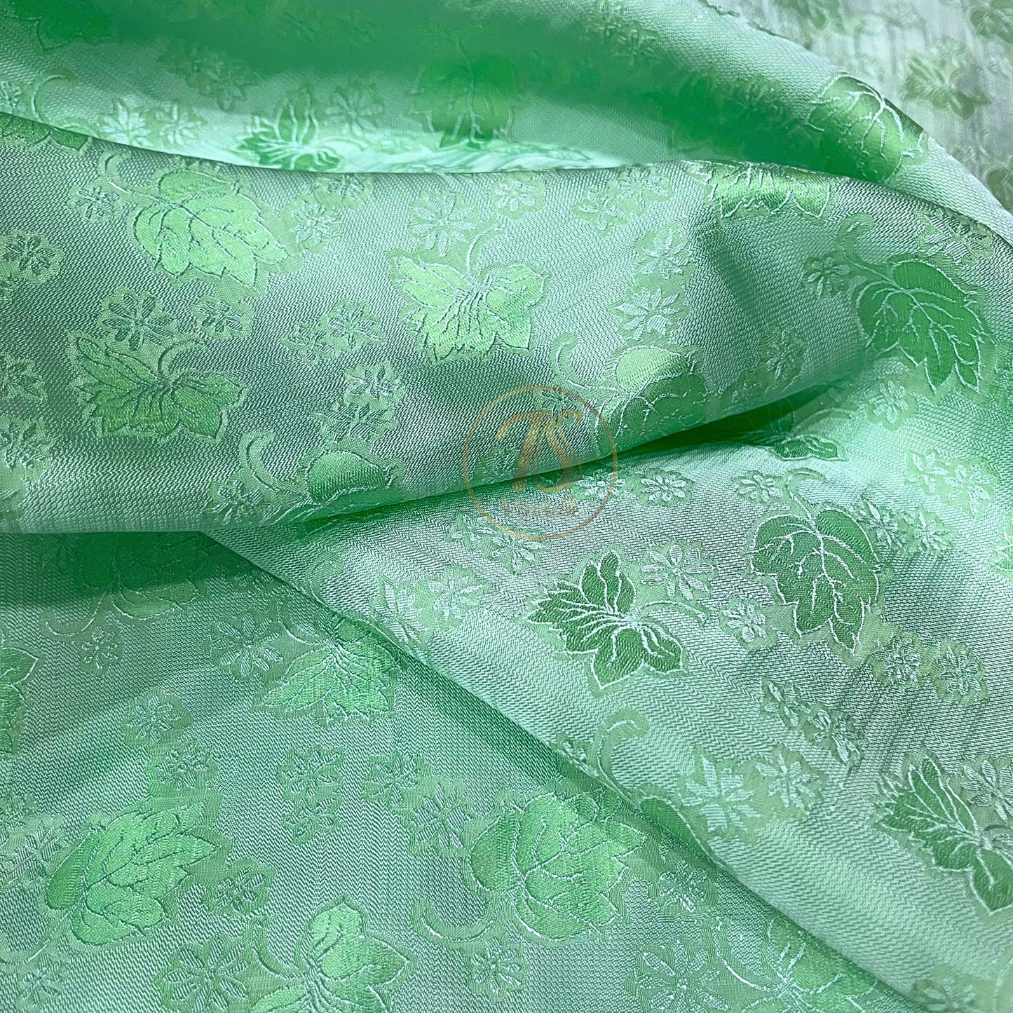 A turquoise silk fabric with mulberry leaf pattern, Pure mulberry silk, Handmade fabric, Organic fiber, Vintage textile