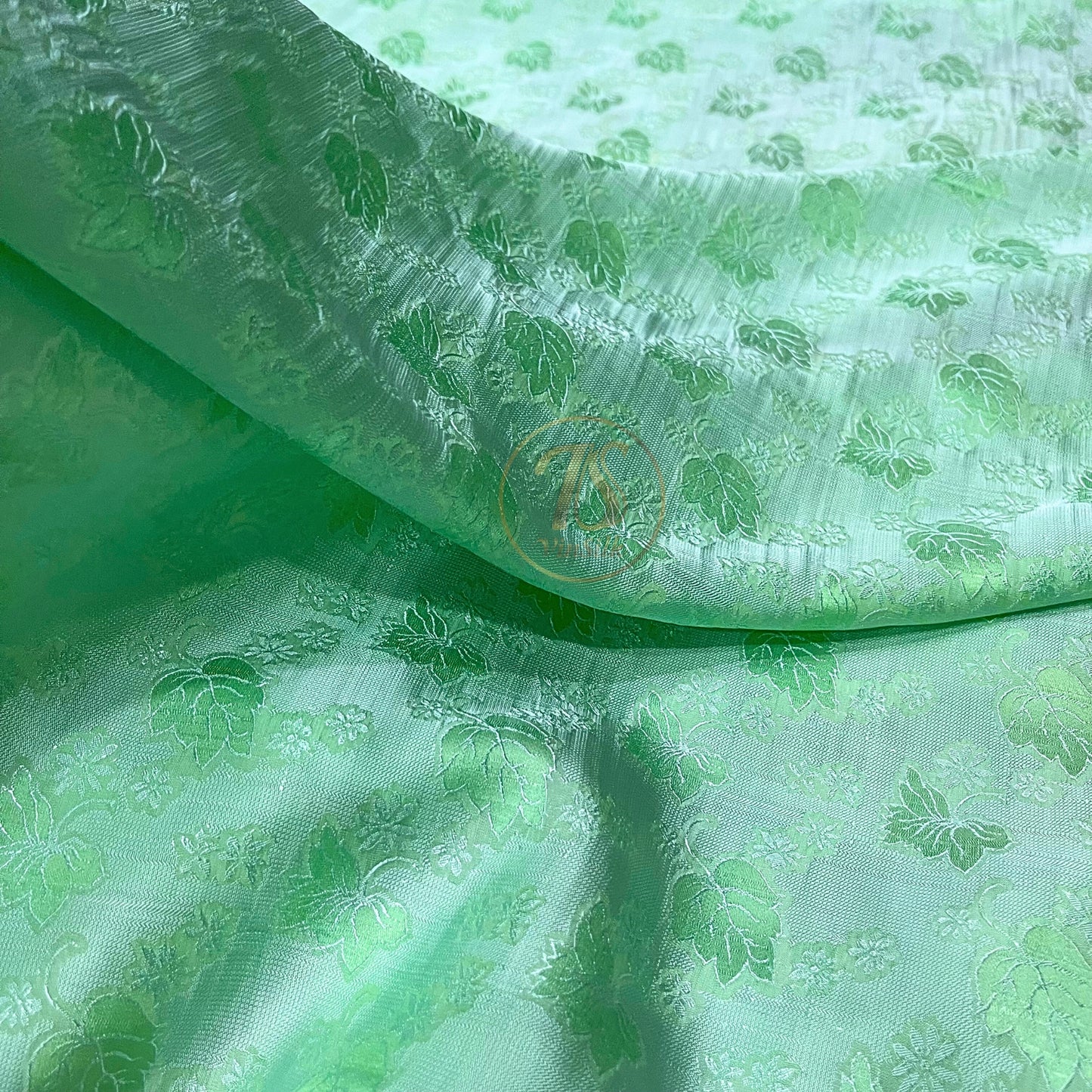 A turquoise silk fabric with mulberry leaf pattern, Pure mulberry silk, Handmade fabric, Organic fiber, Vintage textile
