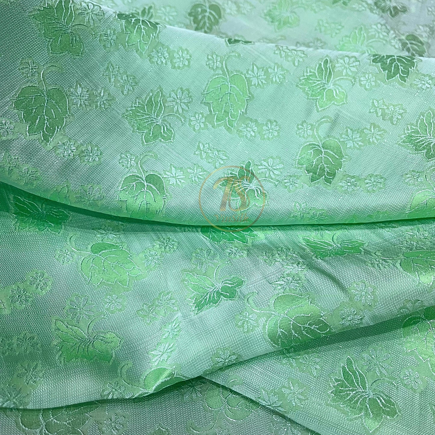 A turquoise silk fabric with mulberry leaf pattern, Pure mulberry silk, Handmade fabric, Organic fiber, Vintage textile