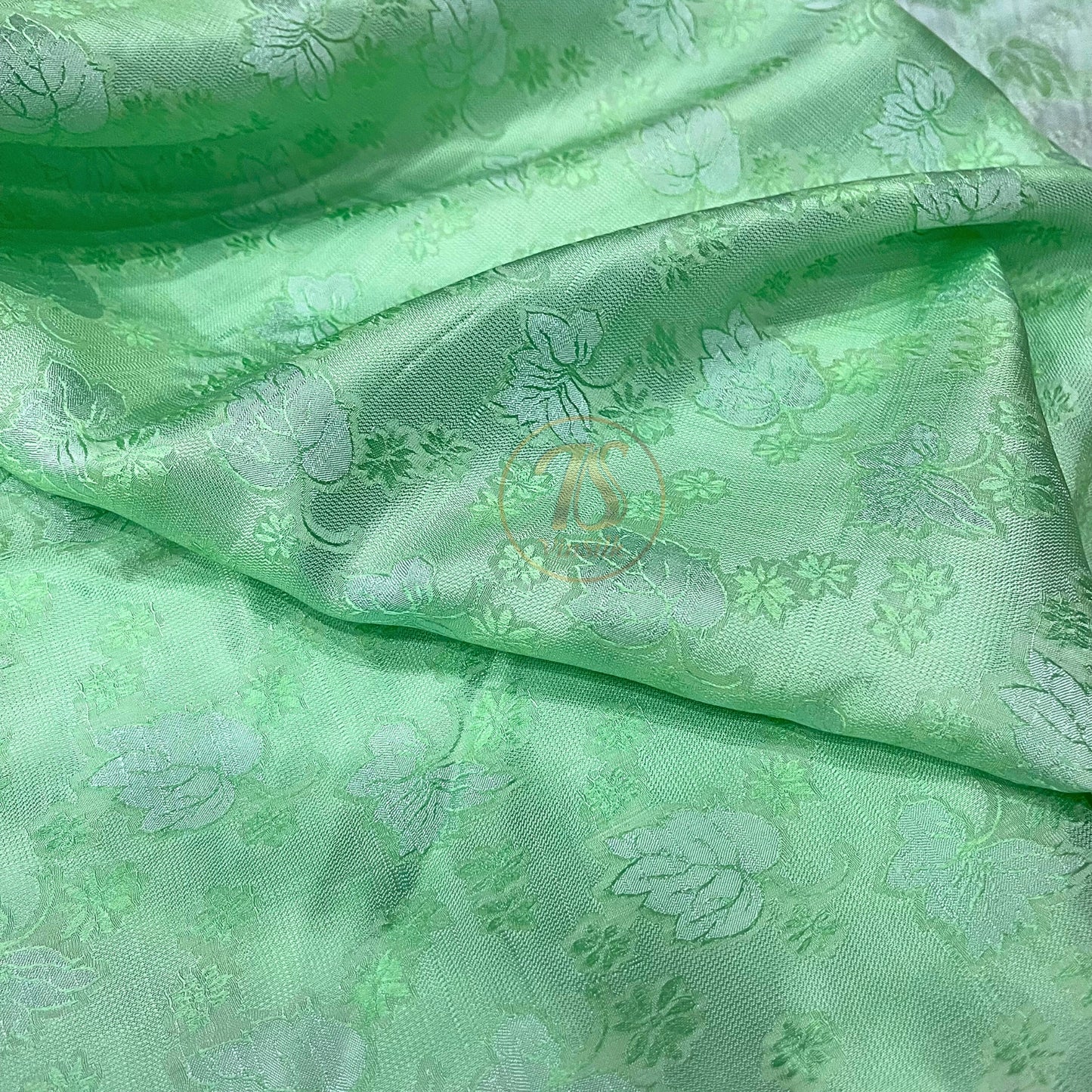 A turquoise silk fabric with mulberry leaf pattern, Pure mulberry silk, Handmade fabric, Organic fiber, Vintage textile