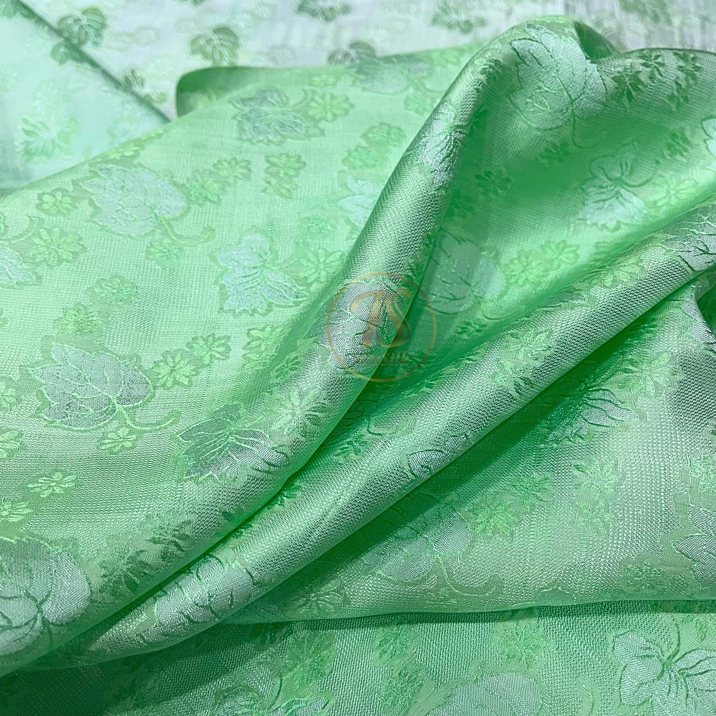 A turquoise silk fabric with mulberry leaf pattern, Pure mulberry silk, Handmade fabric, Organic fiber, Vintage textile