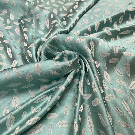 blue silk fabric with mulberry white leaves pattern, Pure mulberry silk, Handmade fabric, Organic fiber, Vintage textile