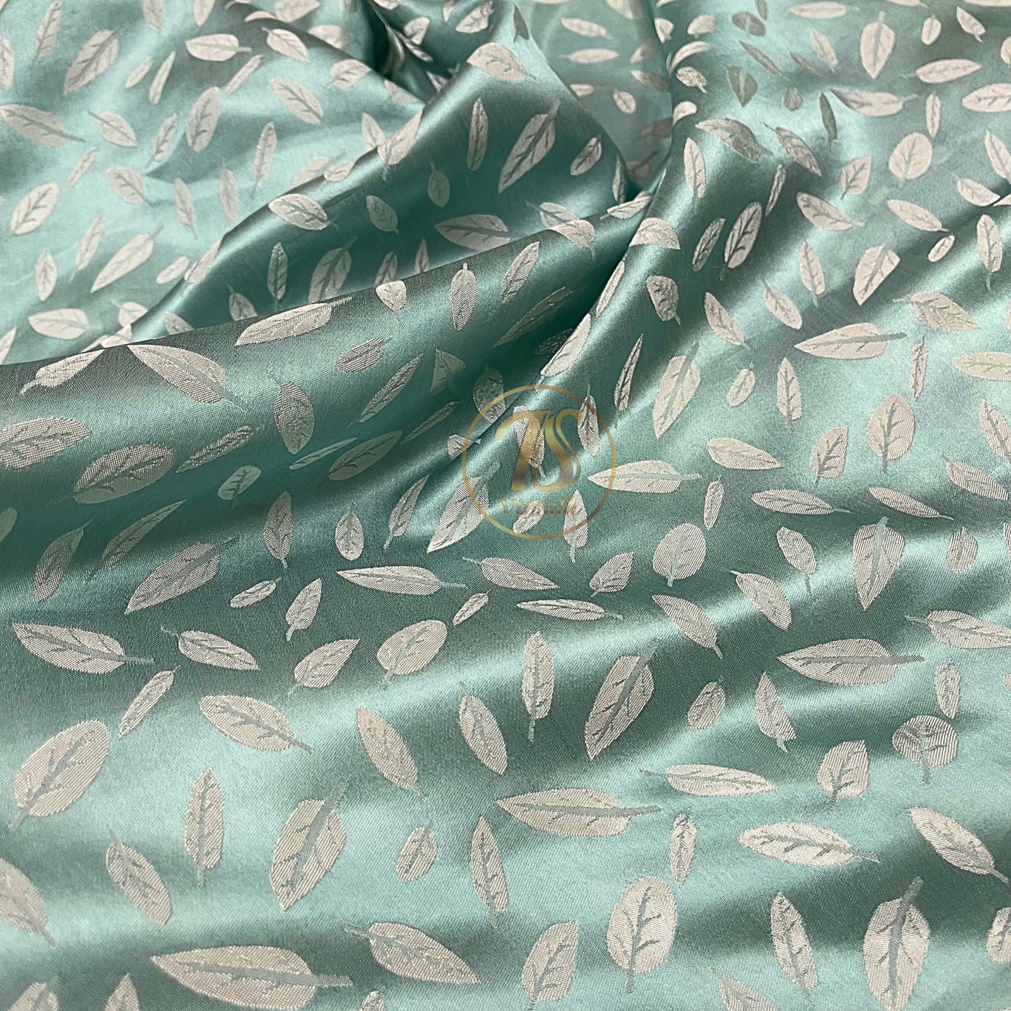 blue silk fabric with mulberry white leaves pattern, Pure mulberry silk, Handmade fabric, Organic fiber, Vintage textile