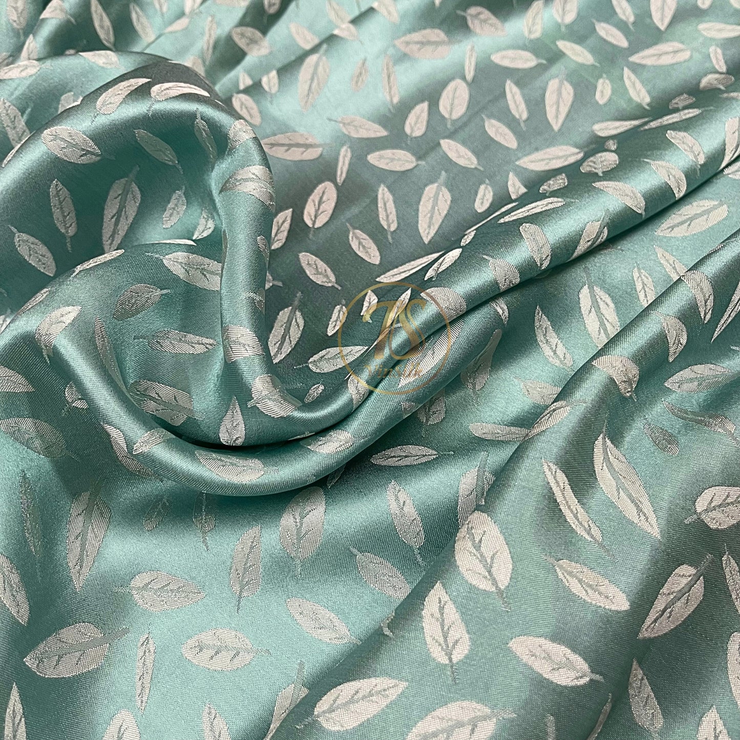 blue silk fabric with mulberry white leaves pattern, Pure mulberry silk, Handmade fabric, Organic fiber, Vintage textile