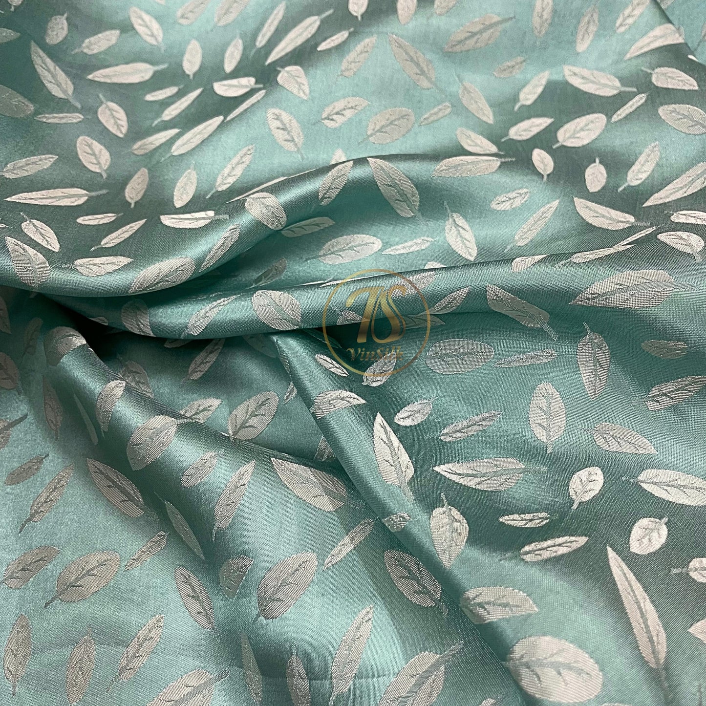blue silk fabric with mulberry white leaves pattern, Pure mulberry silk, Handmade fabric, Organic fiber, Vintage textile