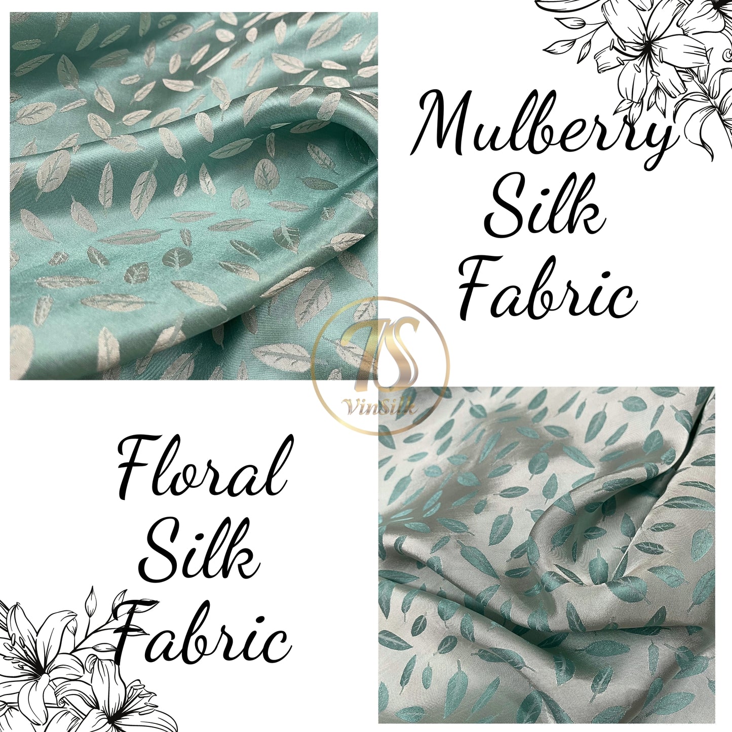 blue silk fabric with mulberry white leaves pattern, Pure mulberry silk, Handmade fabric, Organic fiber, Vintage textile