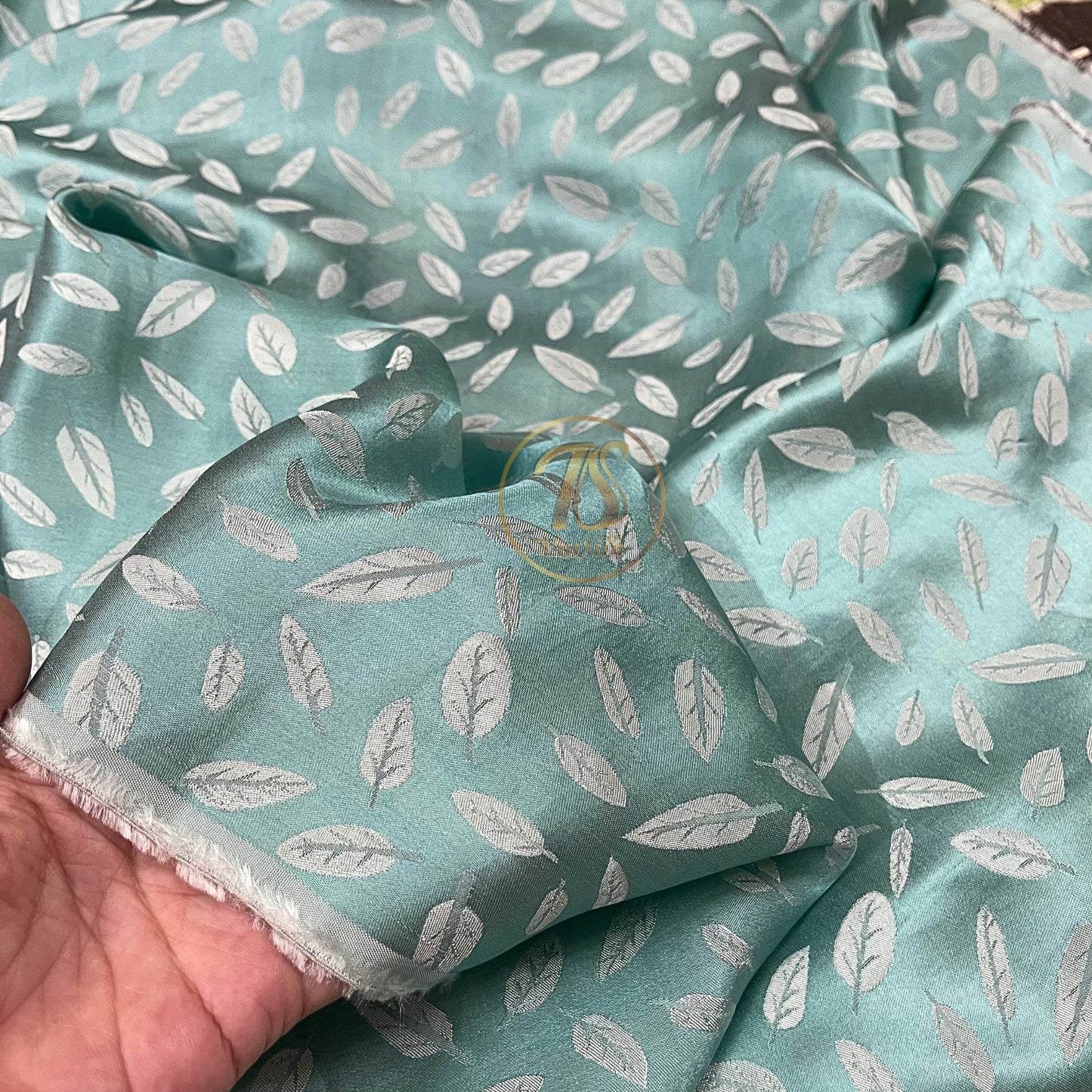 blue silk fabric with mulberry white leaves pattern, Pure mulberry silk, Handmade fabric, Organic fiber, Vintage textile