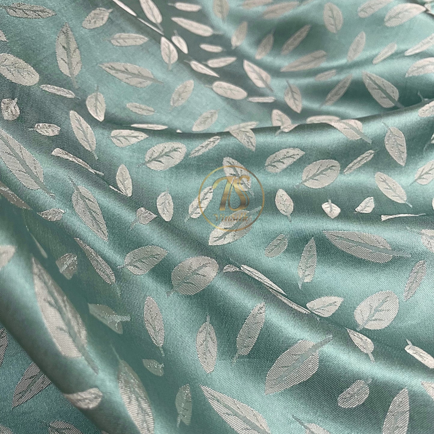 blue silk fabric with mulberry white leaves pattern, Pure mulberry silk, Handmade fabric, Organic fiber, Vintage textile