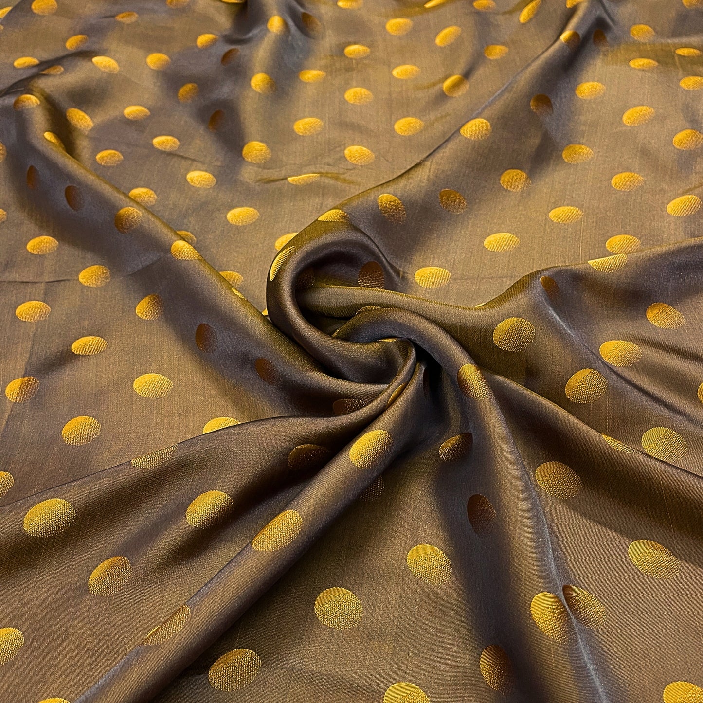 Brown fabric with mulberry Yellow polka dots pattern, Pure mulberry silk, Handmade fabric, Organic fiber