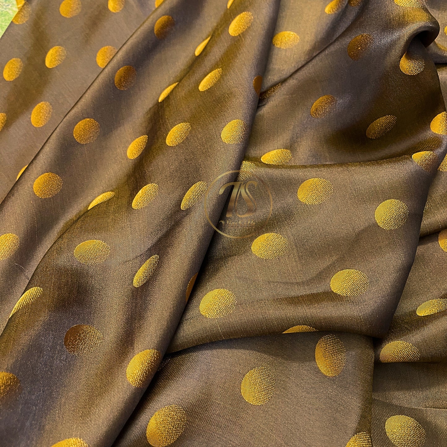 Brown fabric with mulberry Yellow polka dots pattern, Pure mulberry silk, Handmade fabric, Organic fiber