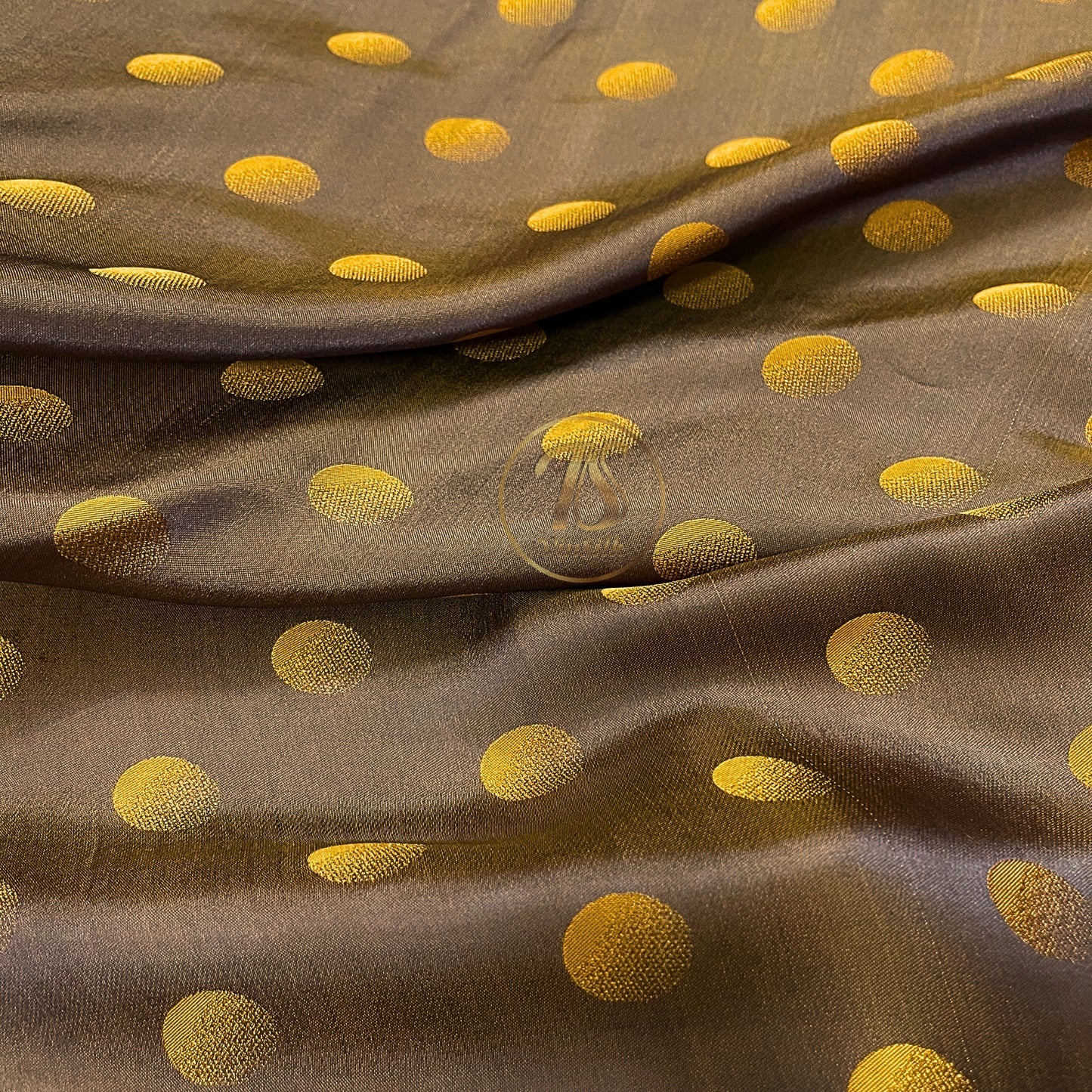 Brown fabric with mulberry Yellow polka dots pattern, Pure mulberry silk, Handmade fabric, Organic fiber