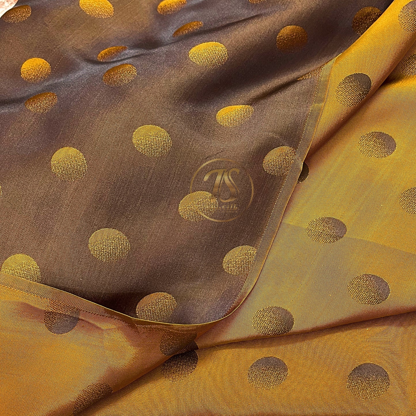 Brown fabric with mulberry Yellow polka dots pattern, Pure mulberry silk, Handmade fabric, Organic fiber