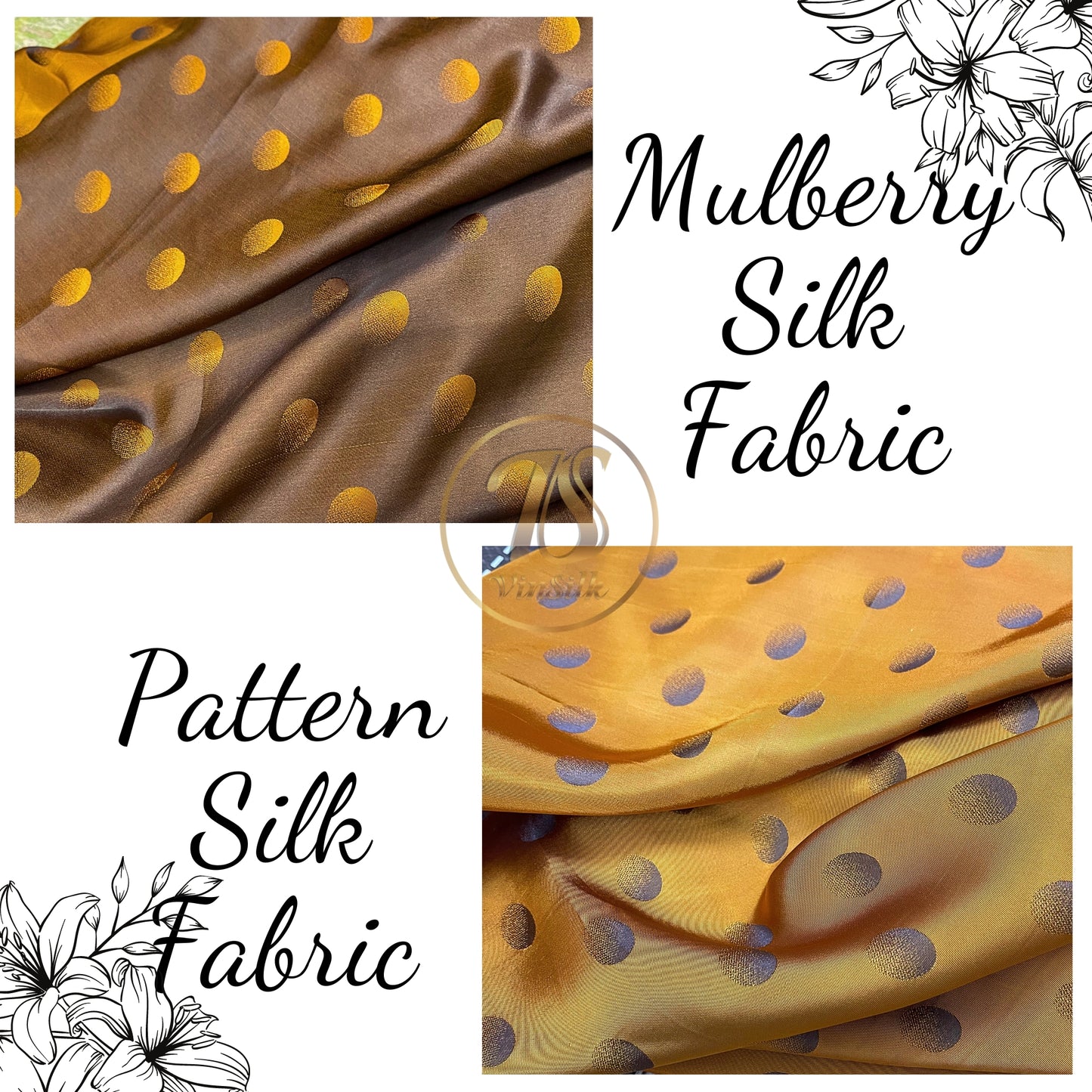 Brown fabric with mulberry Yellow polka dots pattern, Pure mulberry silk, Handmade fabric, Organic fiber