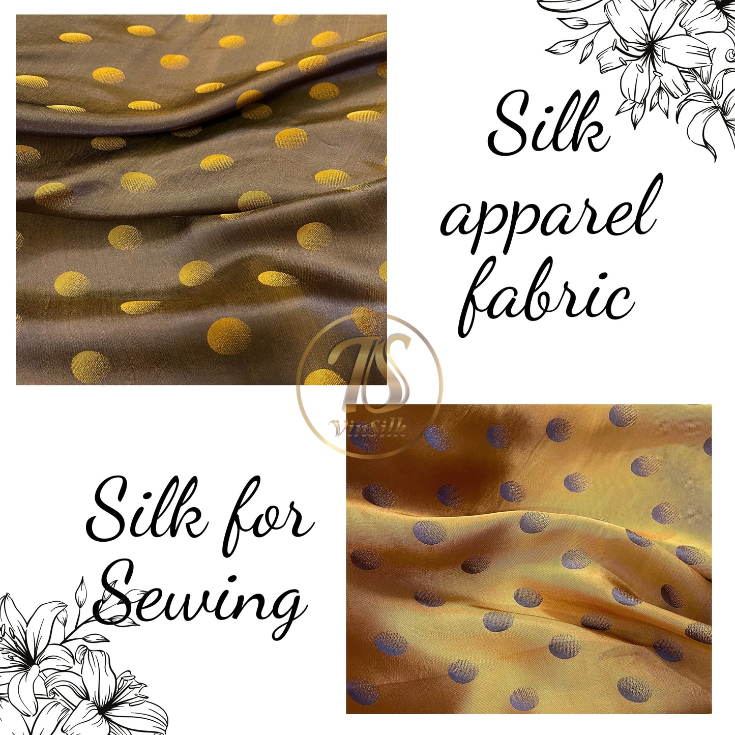 Brown fabric with mulberry Yellow polka dots pattern, Pure mulberry silk, Handmade fabric, Organic fiber