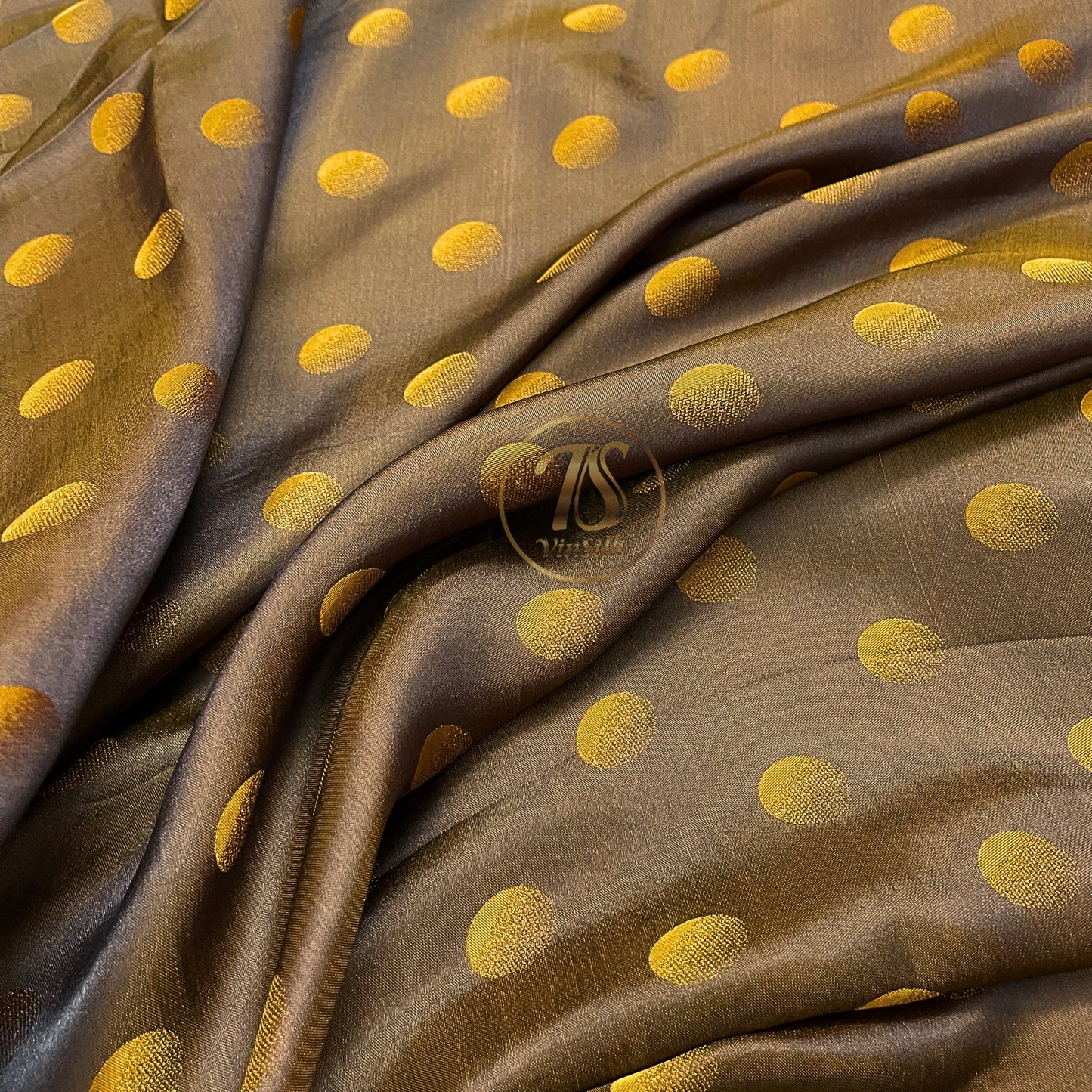 Brown fabric with mulberry Yellow polka dots pattern, Pure mulberry silk, Handmade fabric, Organic fiber