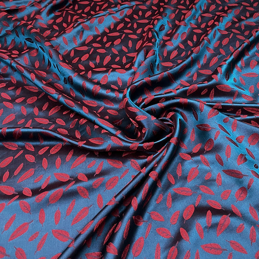 Blue silk with red leaf  pattern fabric, Pure mulberry silk, Handmade fabric, Organic fiber, Vintage textile, Dress making, Gift for women, Silk dress