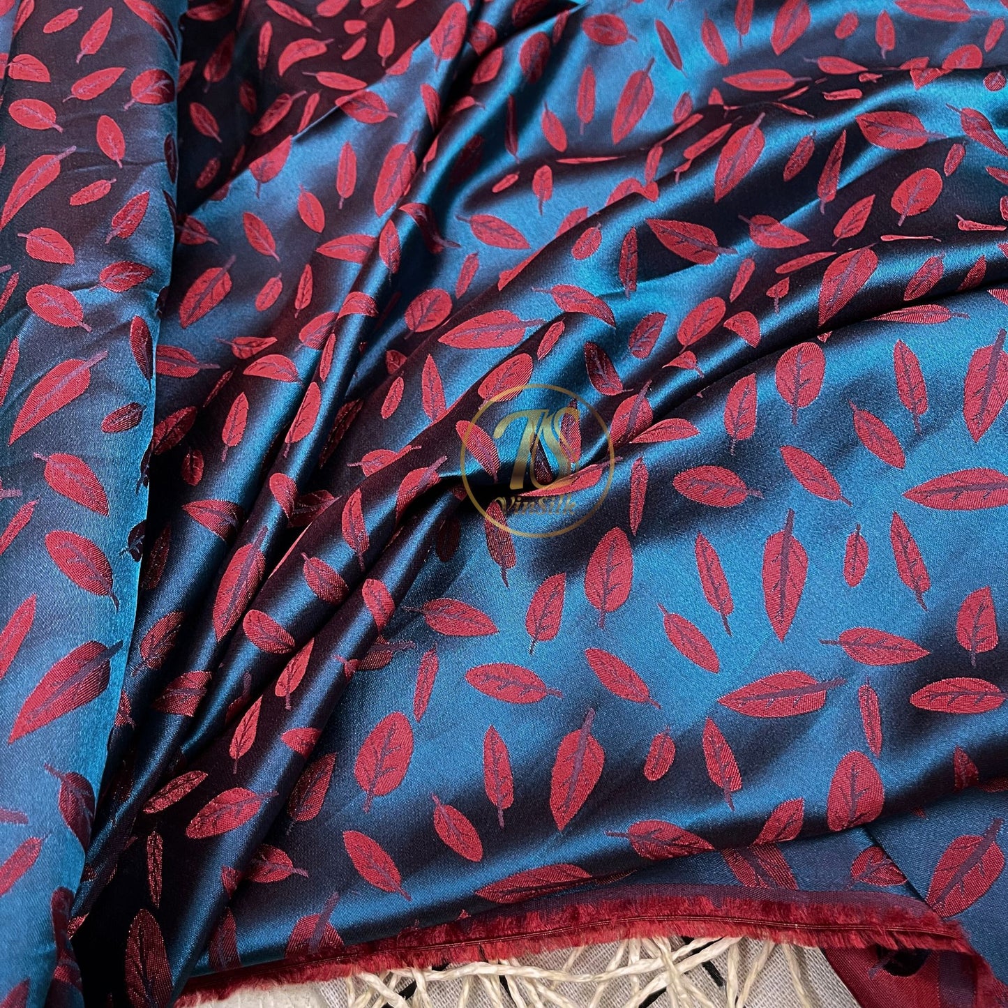 Blue silk with red leaf  pattern fabric, Pure mulberry silk, Handmade fabric, Organic fiber, Vintage textile, Dress making, Gift for women, Silk dress