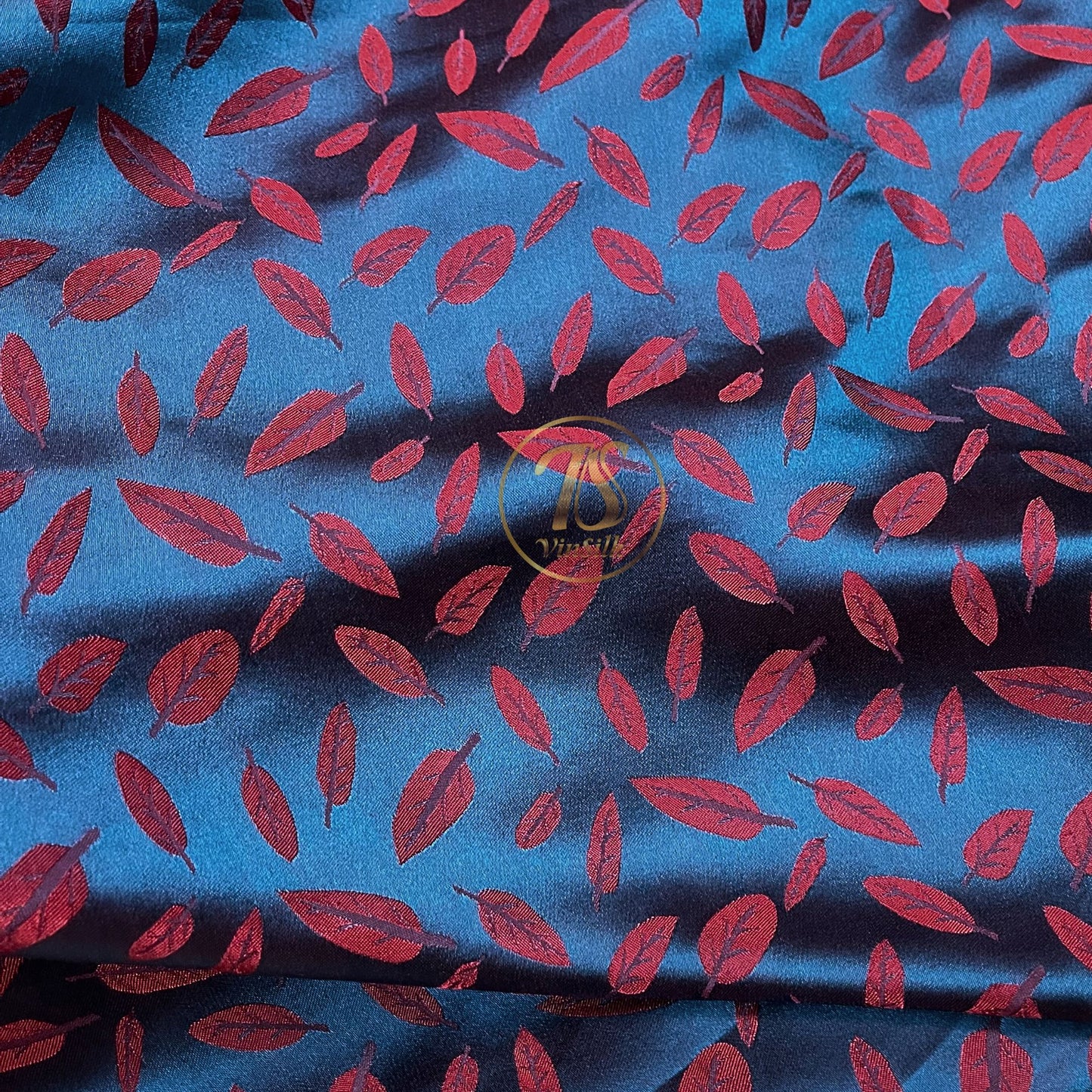 Blue silk with red leaf  pattern fabric, Pure mulberry silk, Handmade fabric, Organic fiber, Vintage textile, Dress making, Gift for women, Silk dress