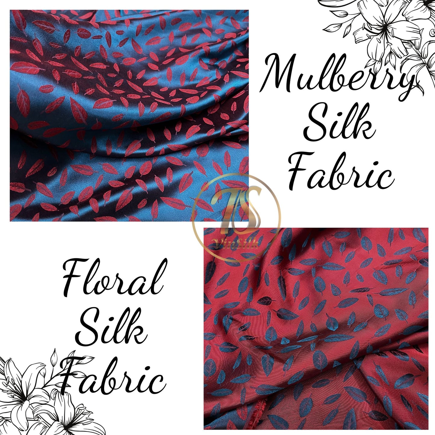 Blue silk with red leaf  pattern fabric, Pure mulberry silk, Handmade fabric, Organic fiber, Vintage textile, Dress making, Gift for women, Silk dress